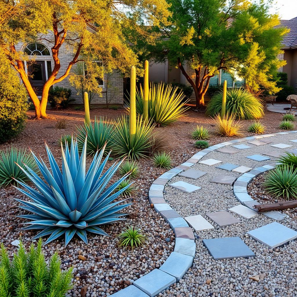 Desert landscape design with agave, stone pathway, and decorative gravel