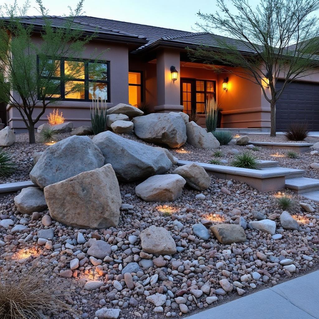 Decorative rock and boulder installation at a desert home
