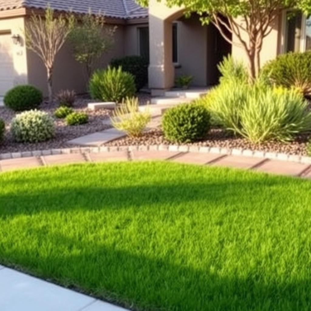 Freshly maintained lawn with trimmed shrubs and stone walkway